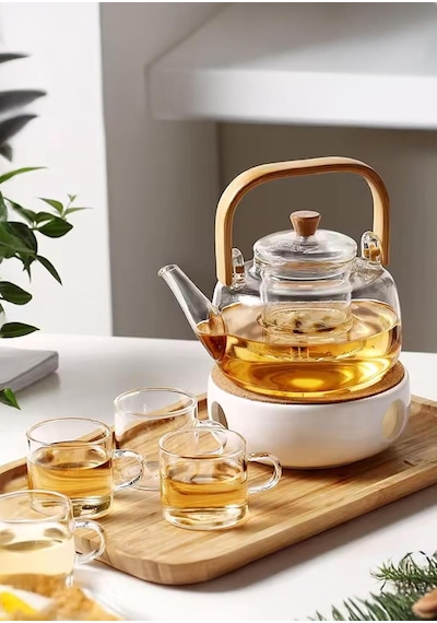 Borosilikat Cam Demlik - Bambu Kulplu Bitki Demliği - Isıya Dayanıklı 1.2 L Çok Renkli