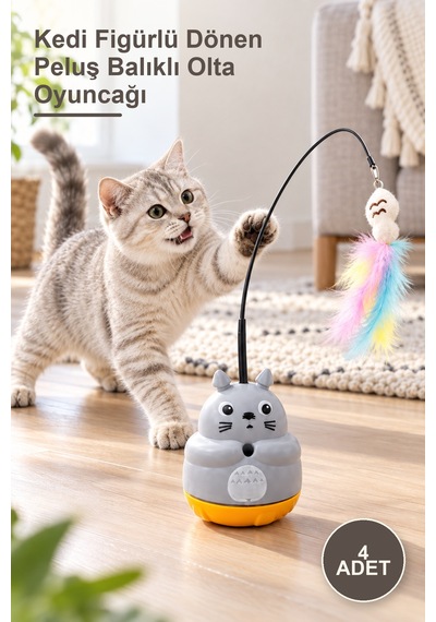 4 Adet Kedi Figürlü Dönen Peluş Balıklı Olta Oyuncağı