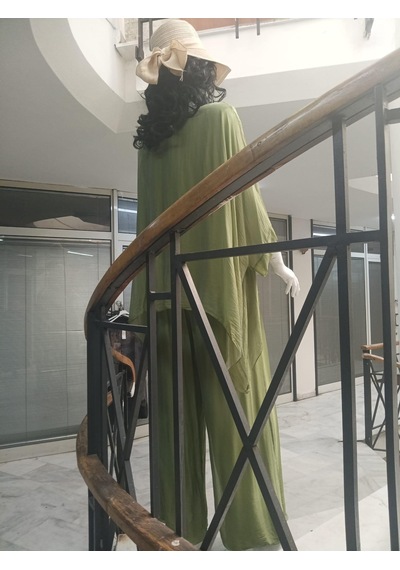 Bohem Stil İtalyan Yarasa Kol İpek Bluz & Pantolon Takım-8767 Yağ Yeşili