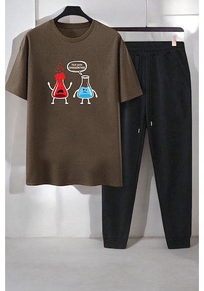 Uyguntarz Unisex Fazla Tepki Verdiğinizi Düşünüyorum Baskılı Eşofman Takımı Kahverengi