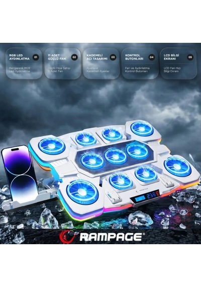 S50 Glacier Beyaz Rgb Işıklı 11 Fanlı Lcd Göstergeli 1 Type C 1 Usb Girişli Yükselebilen Notebook Soğutucu