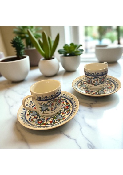 Porselen Fincan Takımı - 2 Kişilik - Topkapı Desen Beyaz - Desenli