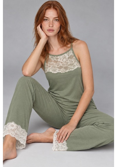 Kadın Dantelli Relaxed Yeşil Pijama Takımı 4745