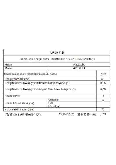 Arçelik AFC 361 B AFry Buhar Destekli 72 LT Ankastre Fırın