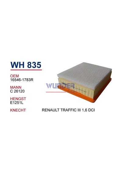 WUNDER WH835 HAVA FİLTRESİ - RENAULT TRAFFİC III 1,6 DCİ