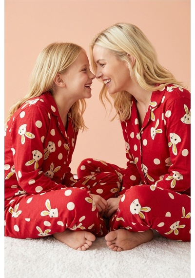 Siyah İnci Bordo Pamuklu Düğmeli Pijama Takım