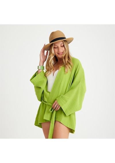 Miespiga Pamuklu Dokuma Beli Kuşaklı Mini Kadın Kimono Kaftan - Standart Yeşil