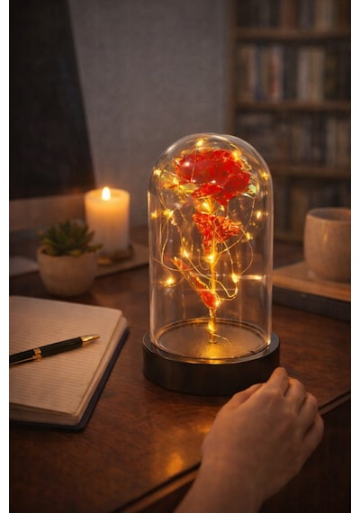 Sevgiliye Özel Günlere Dekoratif Hediye Fanus İçinde Solmayan Led Işıklı Hologram Sonsuz Gül Kırmızı Çok Renkli