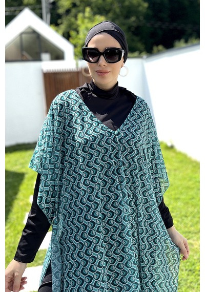 Remsa Tesettür Mayo Üzerine Desenli Tek Kaftan Pareo 430-306 Mint Mint Yeşili