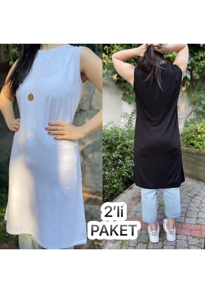 Kadın Sıfır Kol Penye Uzun Tunik İçlik Siyah Beyaz 2 Adet 001