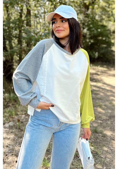 WeShaya Kadın Beyaz Uzun Balon Kol, Yuvarlak Yaka, Kolları Double Color Block Basic Sweatshirt Bluz Beyaz