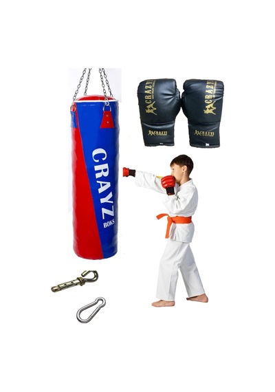 Crayz Çocuk Dolu Boks Kum Torbası Boks Eldiveni Set + Askı Aparatı 70x25cm Kırmızı Mavi Çok Renkli