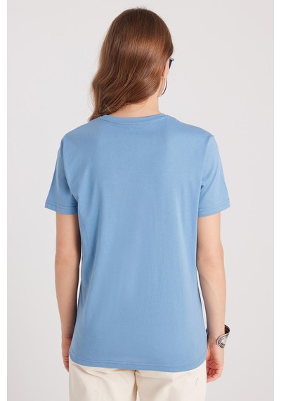 Tudors Kadın Slim Fit Dar Kesim %100 Pamuk Yumuşak Dokulu Mavi Bisiklet Yaka Tişört-37841 Mavi
