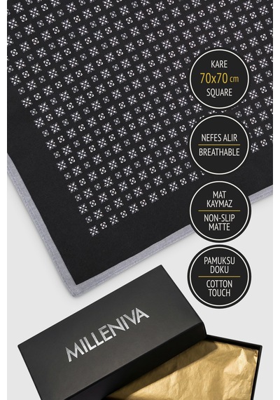 Milleniva Çiçek Motif Desenli Siyah Beyaz 70x70 Soft Touch Mat Kare Fular