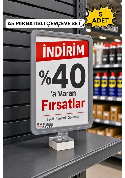 5 Adet - A5 Mıknatıs Tutuculu Fiyatlık Etiketlik Dikey Yatay Ve Bilgilendirme Çerçevesi Gri
