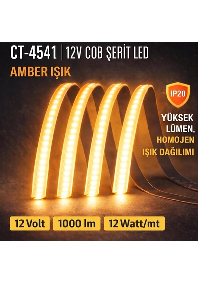 Cata Ct-4541a Cob Şerit Led 12v Metrede 216 Çipli Kesintisiz Noktasız İç Mekan Aydınlatma - 5 Metre Amber