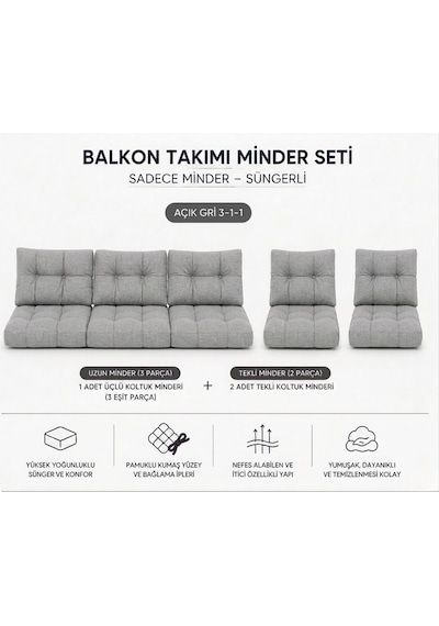 3-1-1 Fermuarlı Balkon Minderi-leke Tutmaz - İçidolu Minder Gri