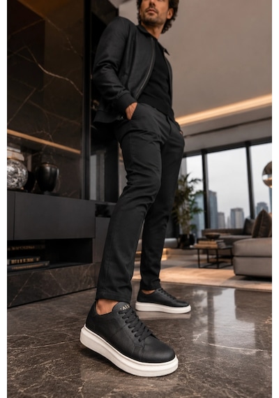 Mevese Tsoob Bağcıklı Cilt Erkek Günlük Rahat Taban Sneaker Ayakkabı - Siyah Beyaz
