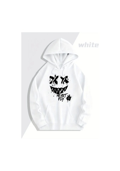 Nevermind Sevgili Kombini Oversize Hoodie Heart Fly Gülüş Baskılı 3 İplik Beyaz