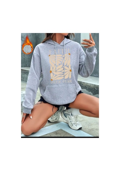 Medinenur Faith Over Baskılı Kapüşonlu Sweatshirt Gri
