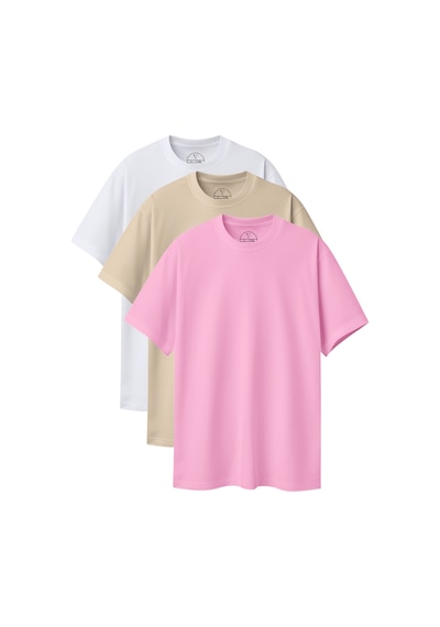 Velvoria Unisex Oversize Basic 3'lü Beyaz Bej Pembe Renk T-shirt Çok Renkli10