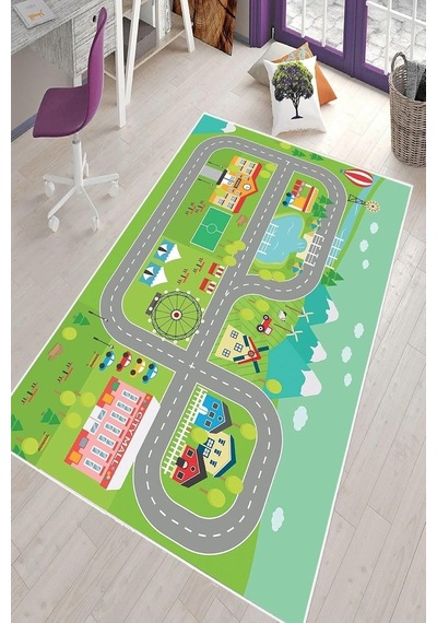 Pelangi Yeşil Araba Yollu Yıkanabilir Kaymaz Taban Leke Tutmazbebek Ve Çocuk Odası Halısı, Yeşil 120 X 160, 90135 Çok Renkli