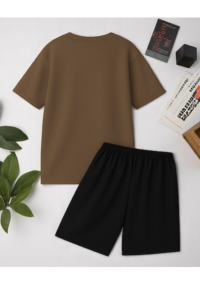Uyguntarz Unisex Brooklyn Baskılı Tasarım Şort Takım Kahverengi