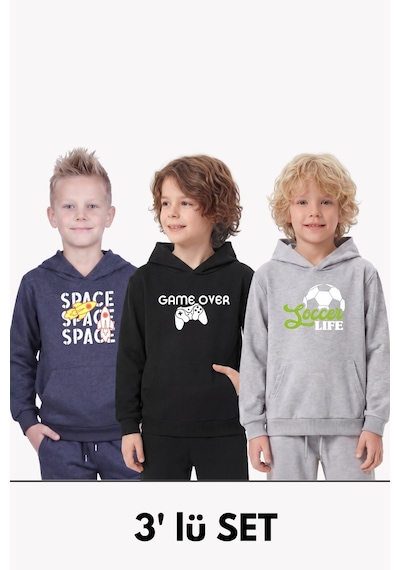 Panios Kids 3'lü Kanguru Cepli Kapüşon Detaylı Baskılı Erkek Çocuk 3 Parça Sweatshirt Füme - Siyah