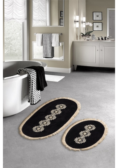 Eyfel Saçakli Banyo Takımı 2 Pcs Açik Kahve Siyah