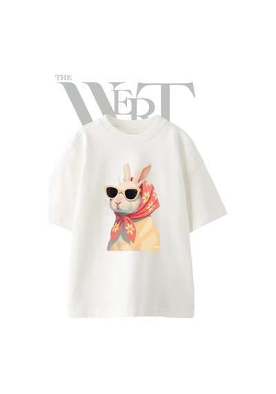 Thewert Bunny Scarf Shades Tasarım Baskılı Ünisex Beyaz Oversize T-shirt