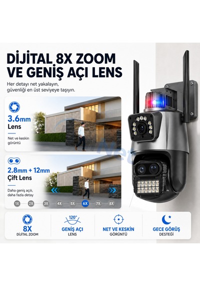Uninet 6mp Çift Kameralı Wifi Ptz Döner Başlıklı Güvenlik Kamerası Polis Çakarı Ve 40 Metre Gece Görüşü Bulunan Ip Kamera
