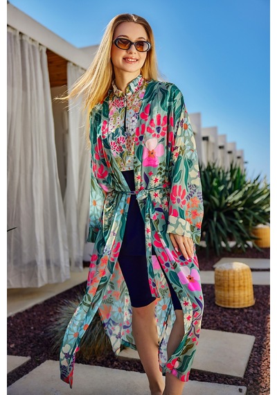 Remsa Mayo Remsa Tesettür Mayo Üzerine Tek Kaftan Kimono Pareo Yeşil Rp026 Patara Yeşil
