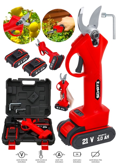 Schatz 21v Çift Akülü 30mm Çelik Şanzıman Şarjlı Dal Ağaç Kesme Bağ Budama Makası K884147
