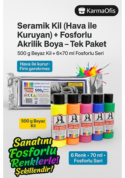 Seramik Kil 500 G + Fosforlu Akrilik Boya Seti 6 70 Ml Hobi Mod