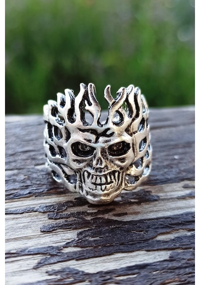 Antik Gümüş Kaplama Ghost Rider Yanan Kuru Kafa Şekilli El Yapımı - 548968284 Çok Renkli