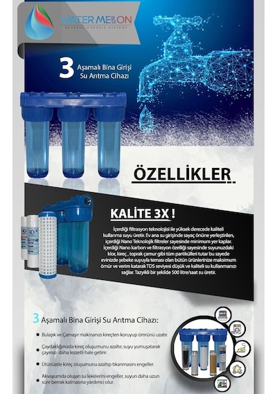 Watermelon Daire Bina Sayaç Girişi 3 Aşama Su Arıtma Sistemi  Toz Tortu Pas Kokusu Önleyici Set