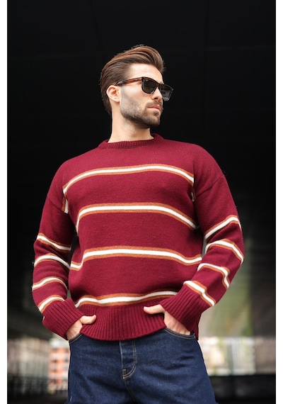 Madmext Bordo Çizgili Triko Erkek Kazak E7457 Bordo