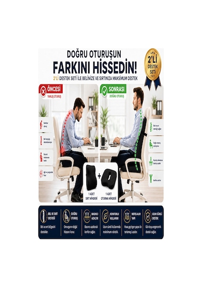 2 Li Ortopedik Visco Minder Seti Ergonomik Bel, Sırt Ve Kuyruk Sokumu Desteği Siyah