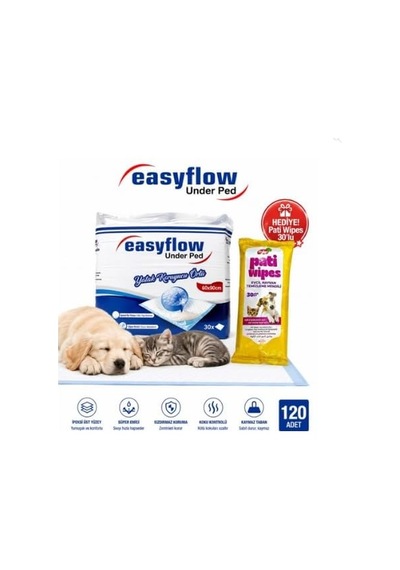 Easyflow Kedi Ve Köpek Çiş Pedi, 60x90 Cm, 120 Adet, Pati Temizleme Mendili Dahil
