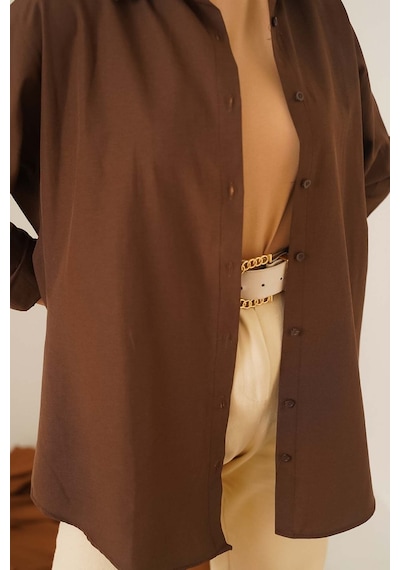 Bigdart 103901 Oversize Basic Tesettür Gömlek - Kahverengi 001