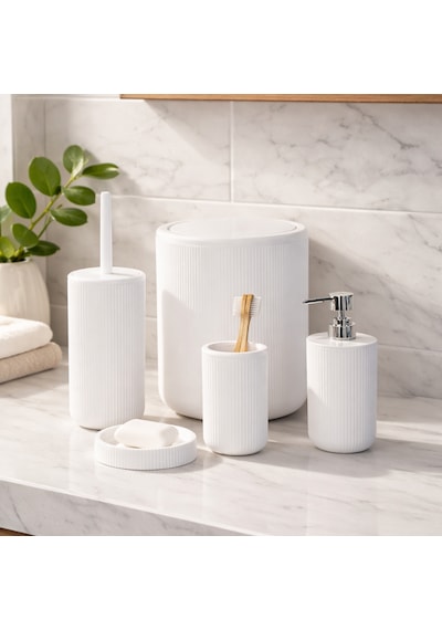 Perotti 33031500001-1 5 Parça Yuvarlak Banyo Seti - Çöp Kovası, Sabunluk, Diş Fırçalığı Ve Silikon Wc Fırçası Beyaz Beyaz
