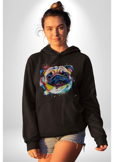 Sulu Boya Pug Köpek Kadın Erkek Siyah Kapüşonlu Sweatshirt Hoodie Siyah