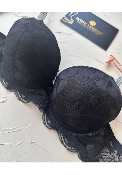 Jasmine Askıları Parlak Taşlı Hafif Destekli Dantelli Soft Cup İt Siyah