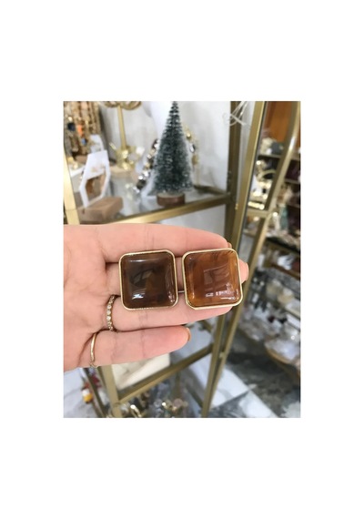 Kare Gold Detaylı Kahverengi Küpe