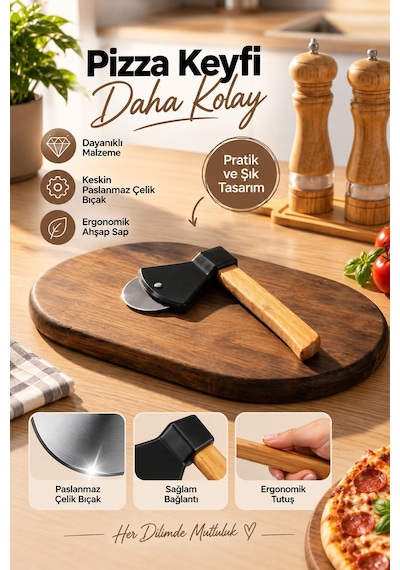 Porsima 1566-1 Ahşap Saplı Hamur Börek Kesme Bıçağı Pizza Kesici Dilimleyici Rulet Ahşap - Siyah