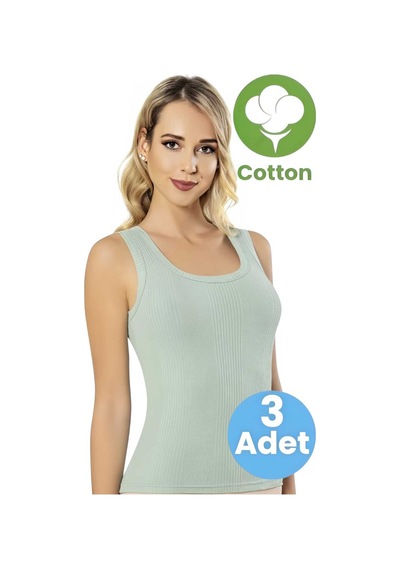Tezzgelsin Kadın 3'lü Geniş Askılı Çizgili Raporlu Penye Kaşkorse Atlet Su Yeşili