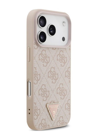 Apple iPhone Uyumlu 18 Pro Kılıf Guess Lisanslı M-safeli Pu Deri Taşlı Üçgen Logo 4g Desenli Strass Kapak Pembe
