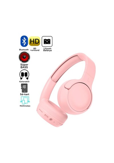 Ergonomik Tasarım Kablosuz Bluetooth Mikrofonlu Aux Kablolu Spor Kulaklık Sd Kartlı Pembe - 861188739