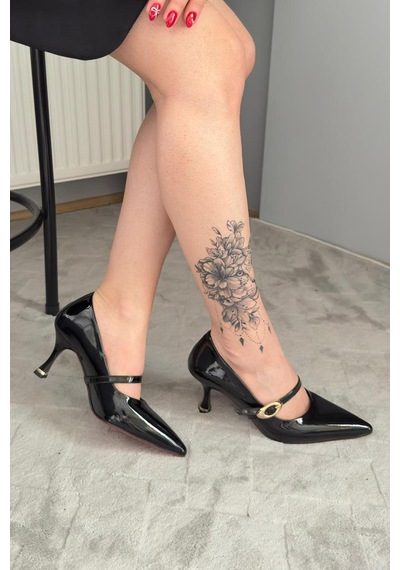 Preshley Kadın Sarah Siyah Rugan 7cm Ince Topuk Önden Tokalı Ayakkabı Stiletto Siyah