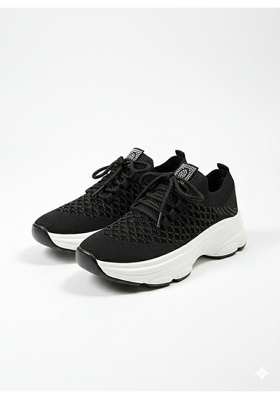 Voyager Taşlı Bağcıklı Triko Kalın Taban Kadın Sneaker Ayakkabı B064 Siyah